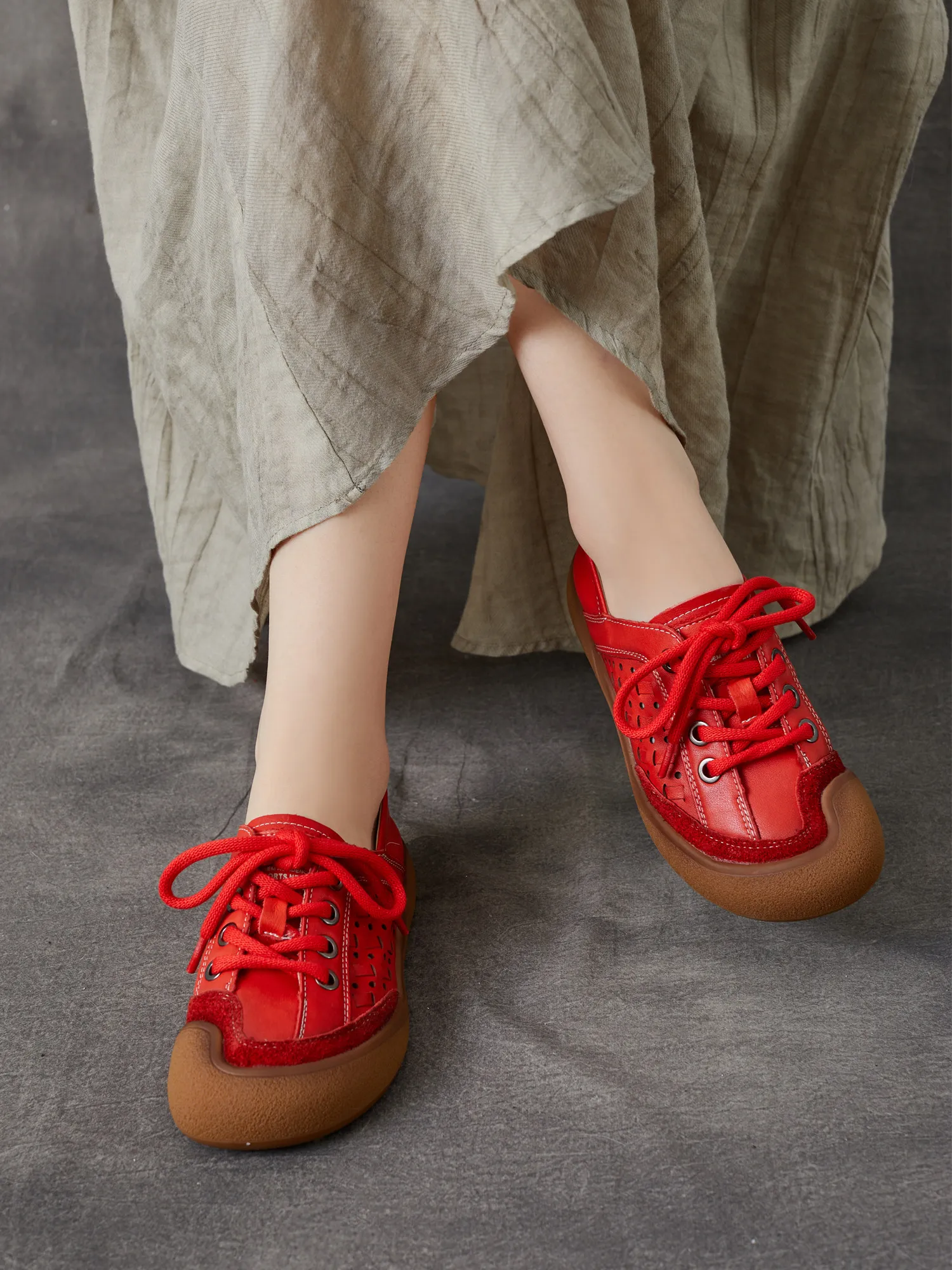 

Birkuir Retro Lace Up Hollow Out Flats Shoes For Women Soft Soles Genuine Leather Mixed Colors Casual Ladies Slip On Shoes