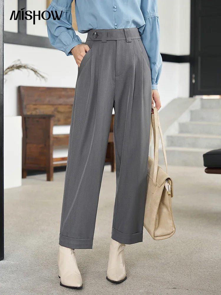 MISHOW Loose Fit Straight Suit Pants for Women 2024 Autumn Button Solid Flat Casual Ankle-Length Pants Office Lady MXC42K0439