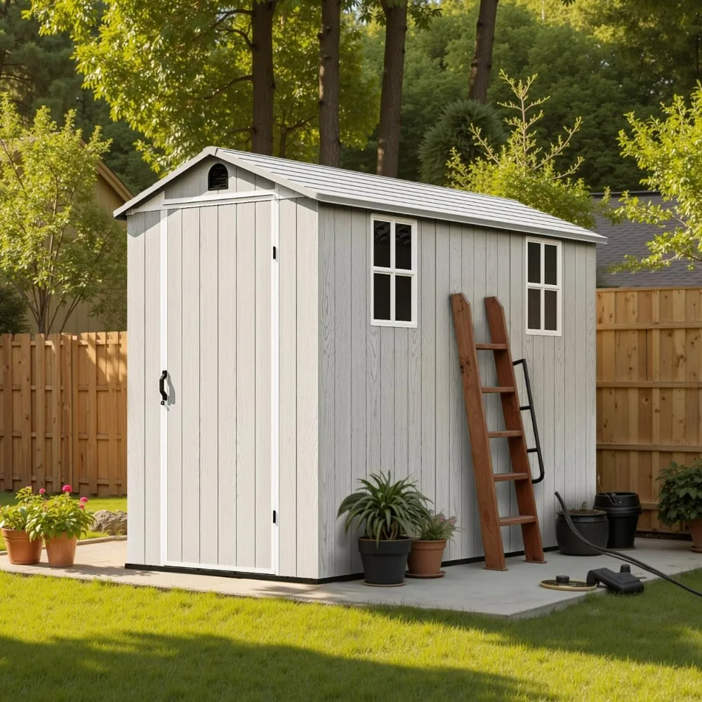 4' x 8' Outdoor Storage Shed with Floor, Plastic Shed Outside Resin Tool Shed with Two Windows and Lockable Door for Backyard