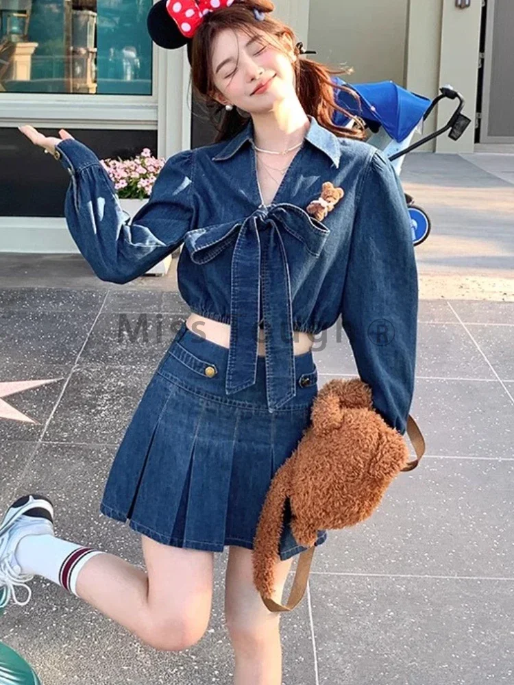 Autumn Blue Vintage Denim 2 Piece Sets Women Bow V Neck Denim Tops+Pleated A Line Chic Skirt Female Korea Fashion Chic Clothing