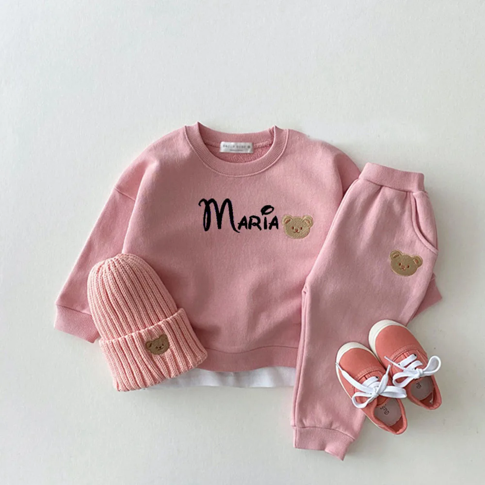 Embroidered Teddy Bear Round Neck Sports Set Name Custom Newborn Baby Cotton Baby Casual Cartoon Two-Piece Gift Pack