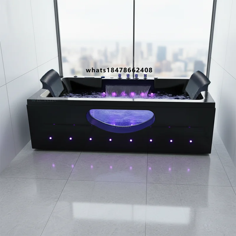 Jacuzzier Indoor Black Acrylic whirlpool Spa Bathtub Hydro Massage Jets Waterfall Baignoire for 1 Person Bath Tub