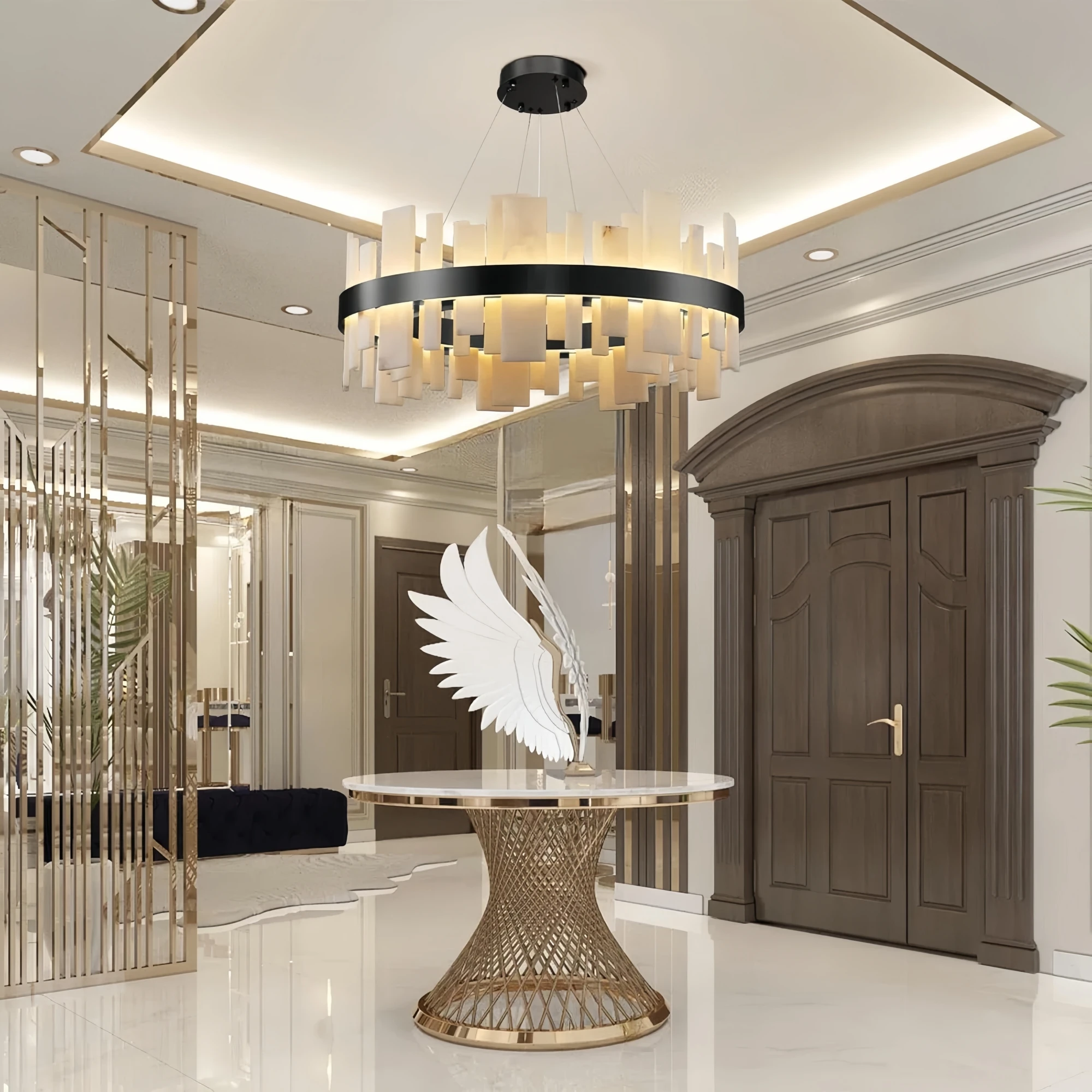 Modern Alabaster Round Chandelier LED Gold Black for Dining Room Bedroom Bar Study Marble Pendant Lighting Fixture