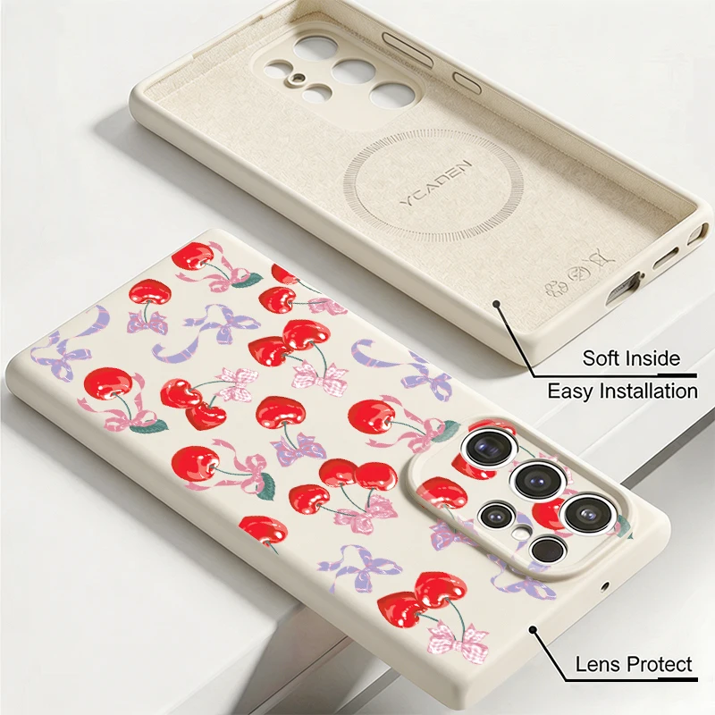 Cherry Pattern Liquid Silicone Phone Case For Samsung Galaxy S26 S25 S24 S23 S22 Ultra Plus Magnetic For Magsafe Soft Back Cover view 4