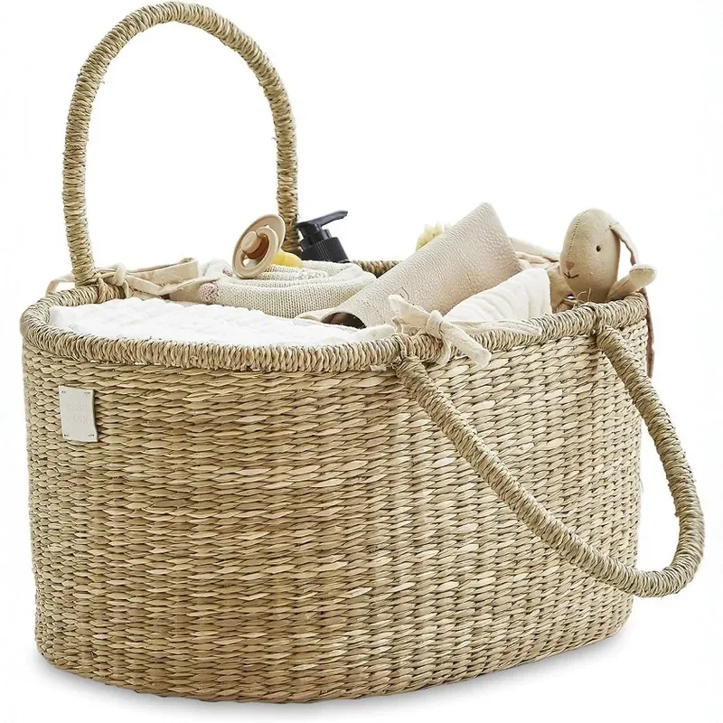 Natural Seaweed Woven Storage Basket Handmade Laundry Organizer for Baby Nursery Home Decor Portable Shopping Tote Bin