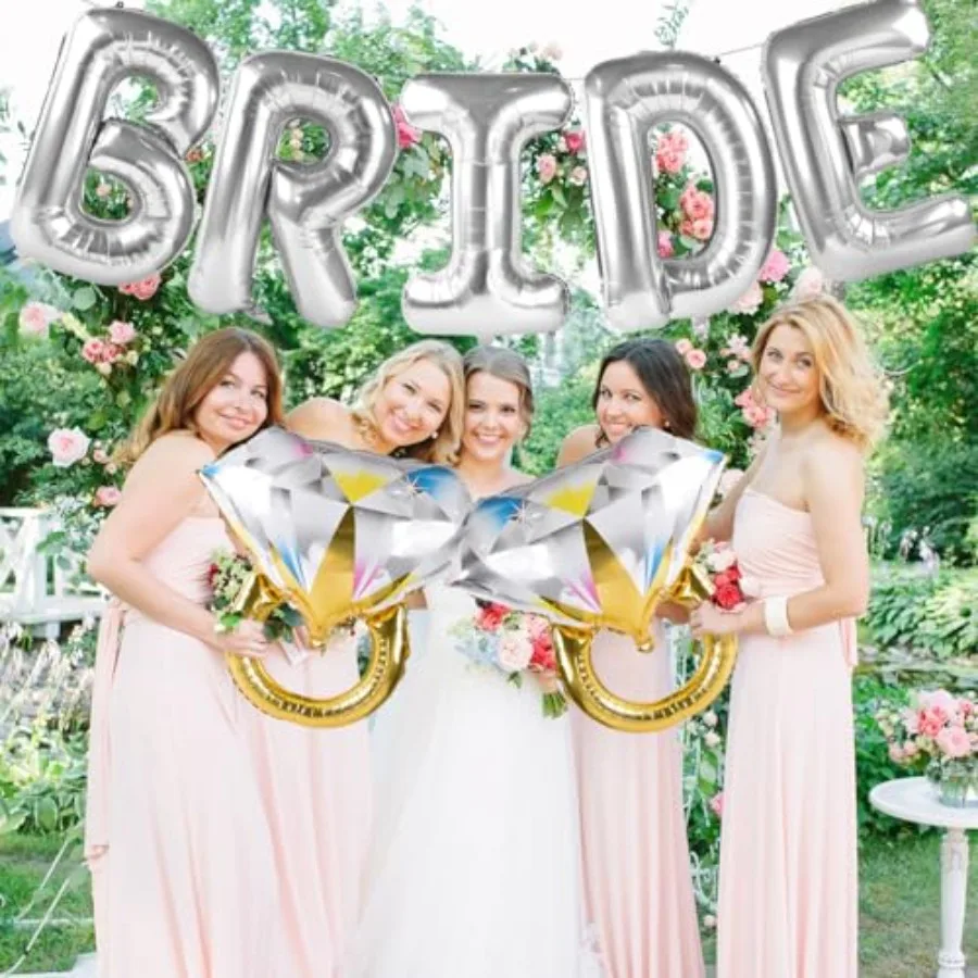 Grands ballons de mariée en argent avec 2 anneaux, décorations pour fête prénuptiale, enterrement de vie de jeune fille, fiançailles, argent