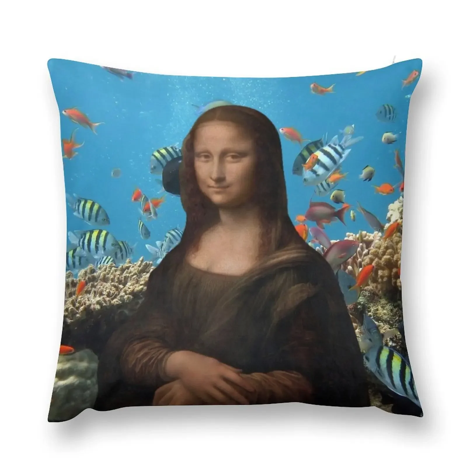 Funny Mona Lisa Aquarium Art with Funny Background African Stickers, Wall art, Mona Lisa at the Beach Leonardo da V Throw Pillow