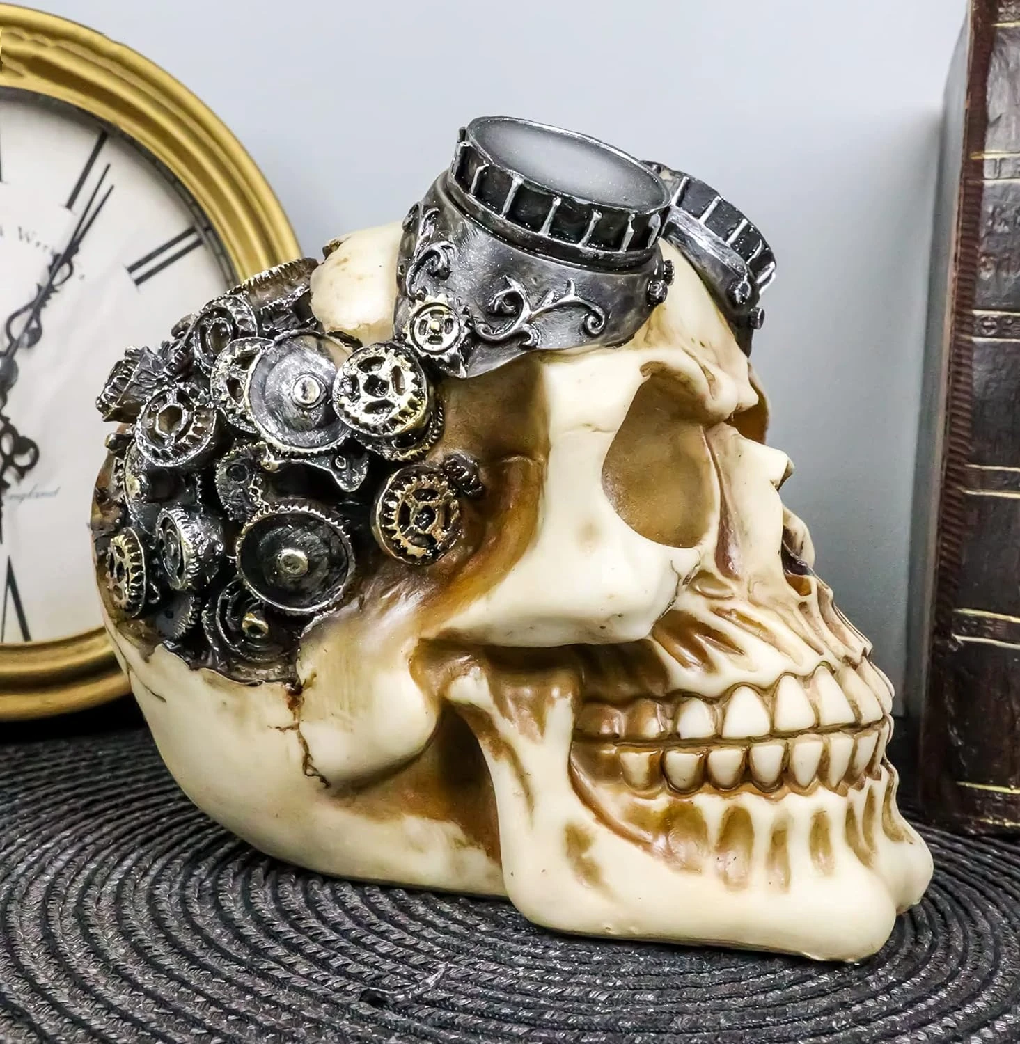 

Geared Steampunk Pilot Aviator Robotic Skull Statue Victorian Industrial Sci Fi Decor Figurine 3D Protruding Gearwork Mechanism