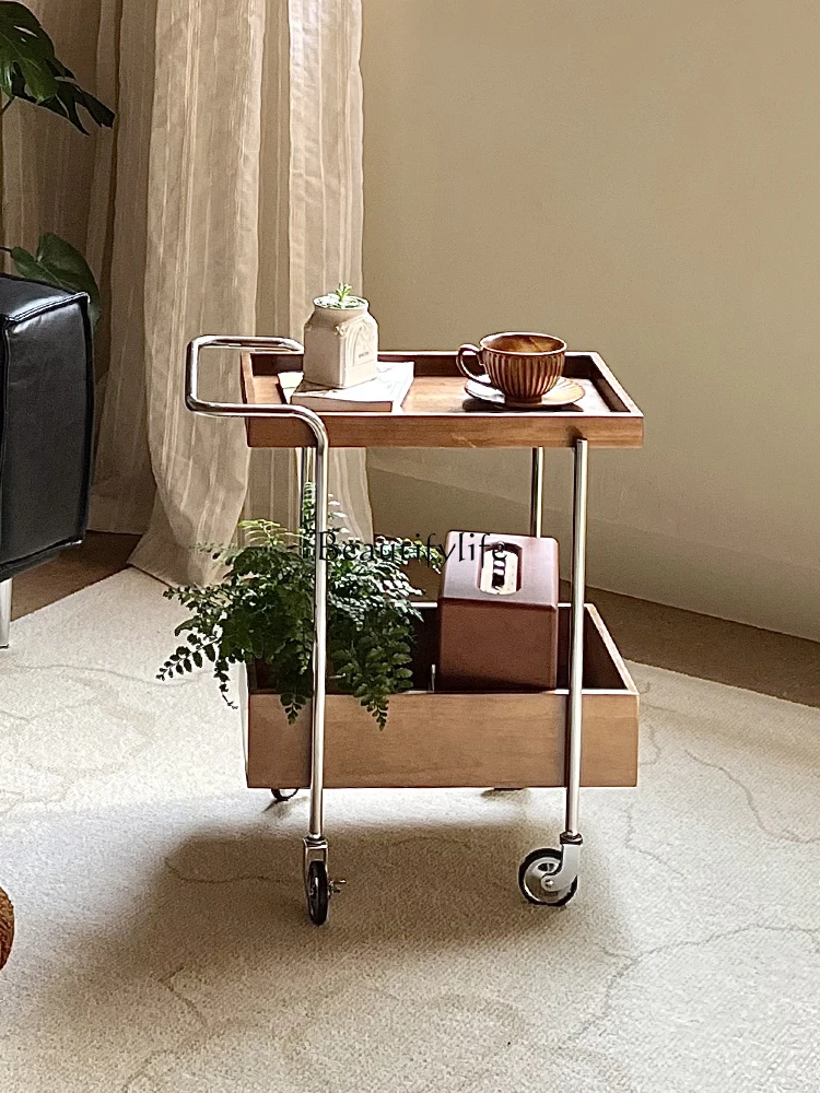 

Portable Trolley Stainless Steel Household Storage Wood Color Sofa Side Table Storage Rack