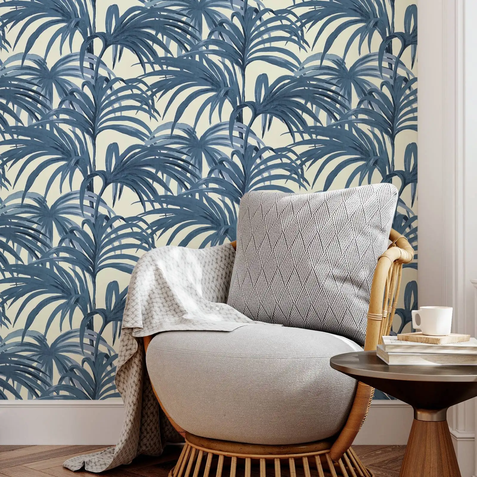 Navy Tropical Palmeral Wallpaper, Palm Leave Wall paper in White and Azure blue