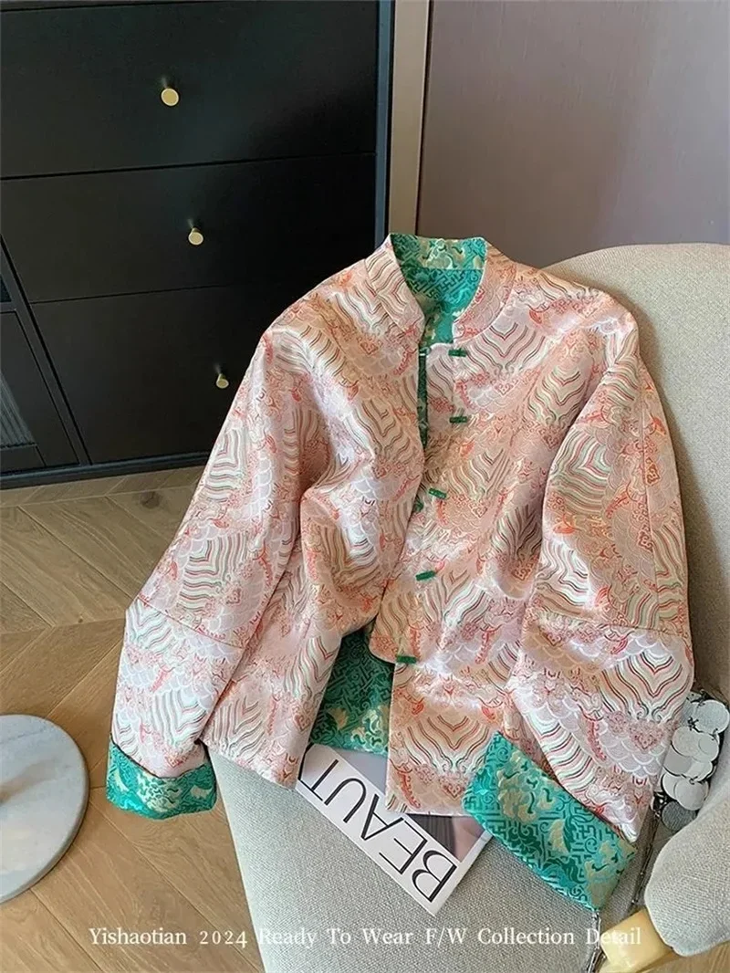 

Women's Jacket Women's Jackets Chinese Contrast Embroidery Jacquard Stand-up Collar Loose Single-breasted Jacket Spring Jacket