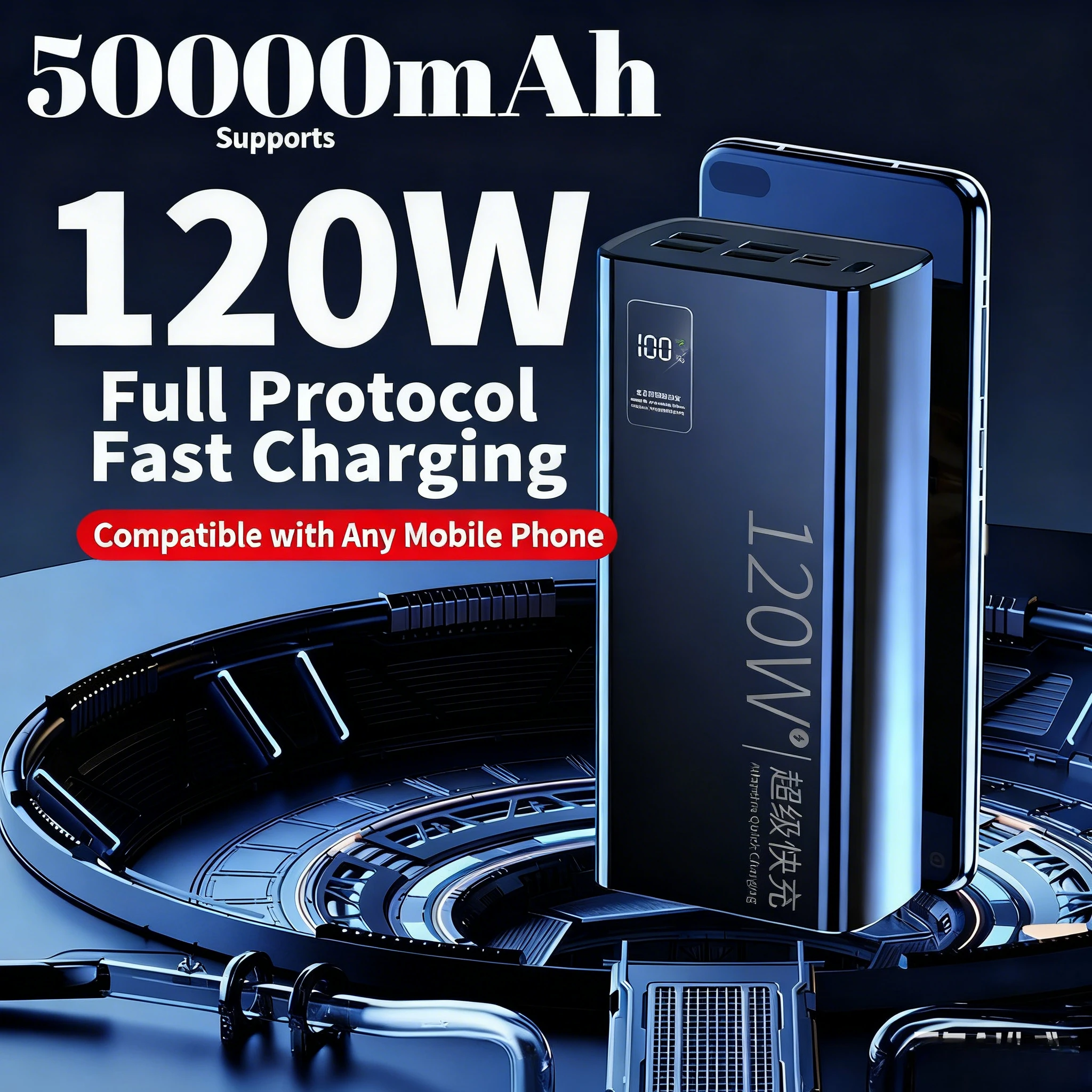 

50000mAh Power Bank with Multiple USB Ports120W Fast Charger for Multi-Device High Capacity Portable Battery for IPhone Android