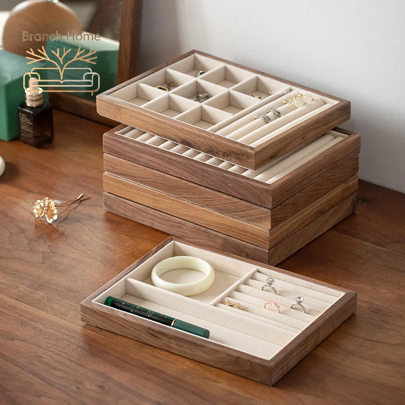 Walnut Jewelry Storage Tray with Velvet Lining Divided Compartments for Rings, Necklaces & Accessories Modular Stackable Design