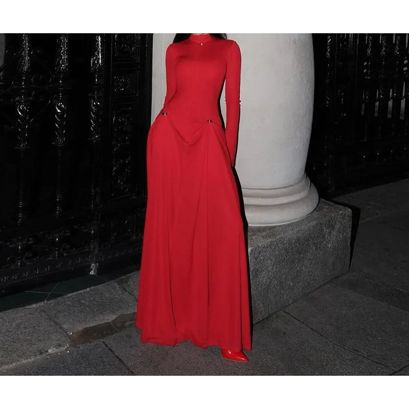 

Elegant Dress Women Maxi Fashion Classic 2025 Full Sleeve Stand Collar Draped Sheath Long Robe Mujer Concise Evening Vestidos