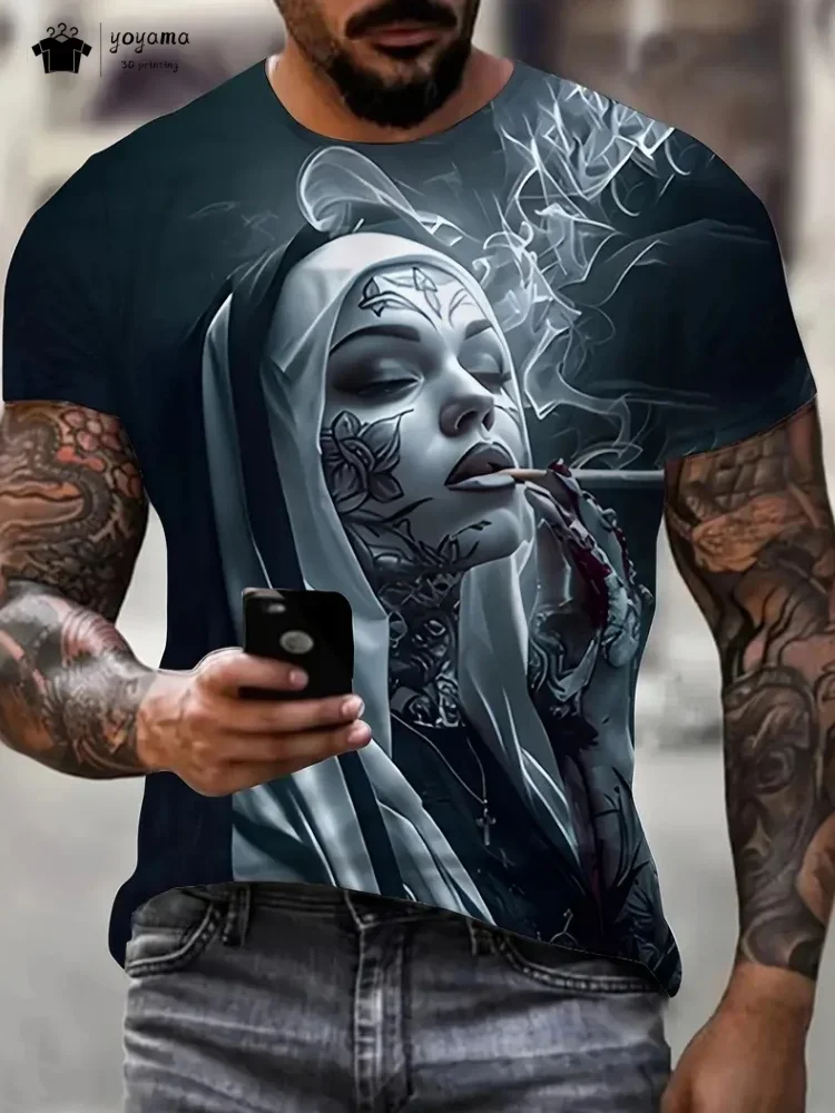Men's with Smoking Nun 3D Graphic T-Shirt Black Casual Summer Tee Short Sleeves Polyester Streetwear T-Shirts Vintage Clothing