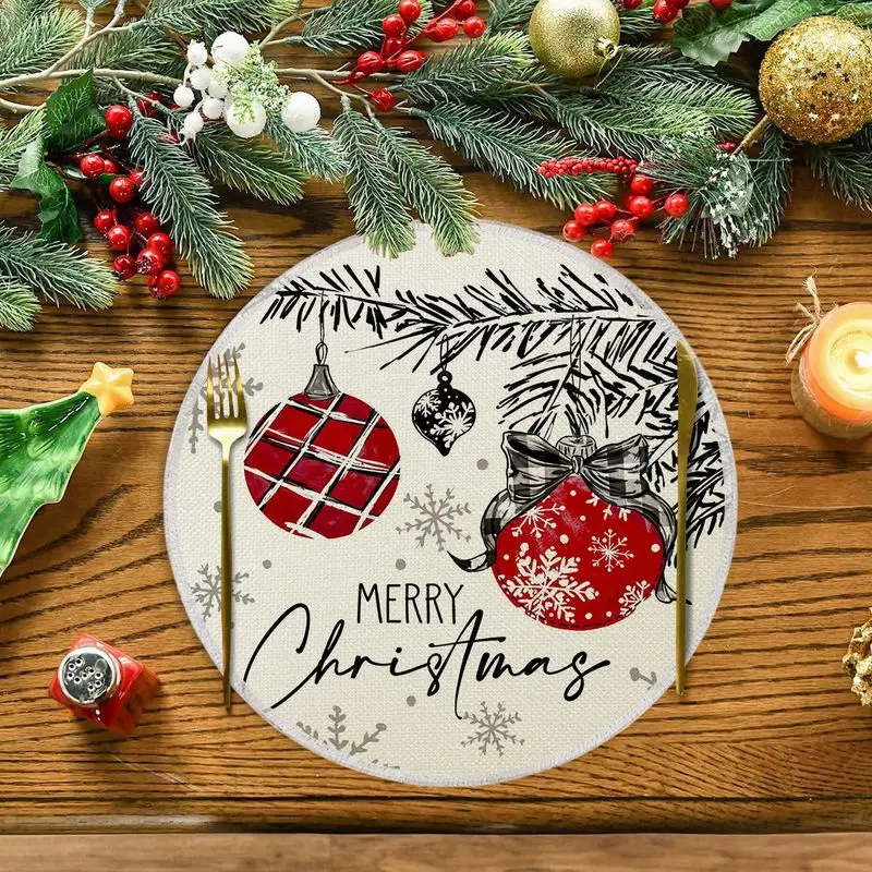 Red Background Retro Red Truck Dwarf Doll Round Christmas Placemat, Wear-Resistant Plate Mat for Home Table Decor