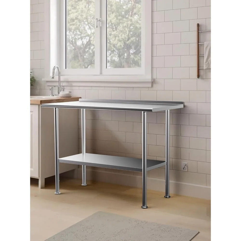 All-Stainless Steel Prep Table, 24 X 48 Inches, with Rounded-Corner Backsplash and Adjustable Undershelf, Heavy-Duty