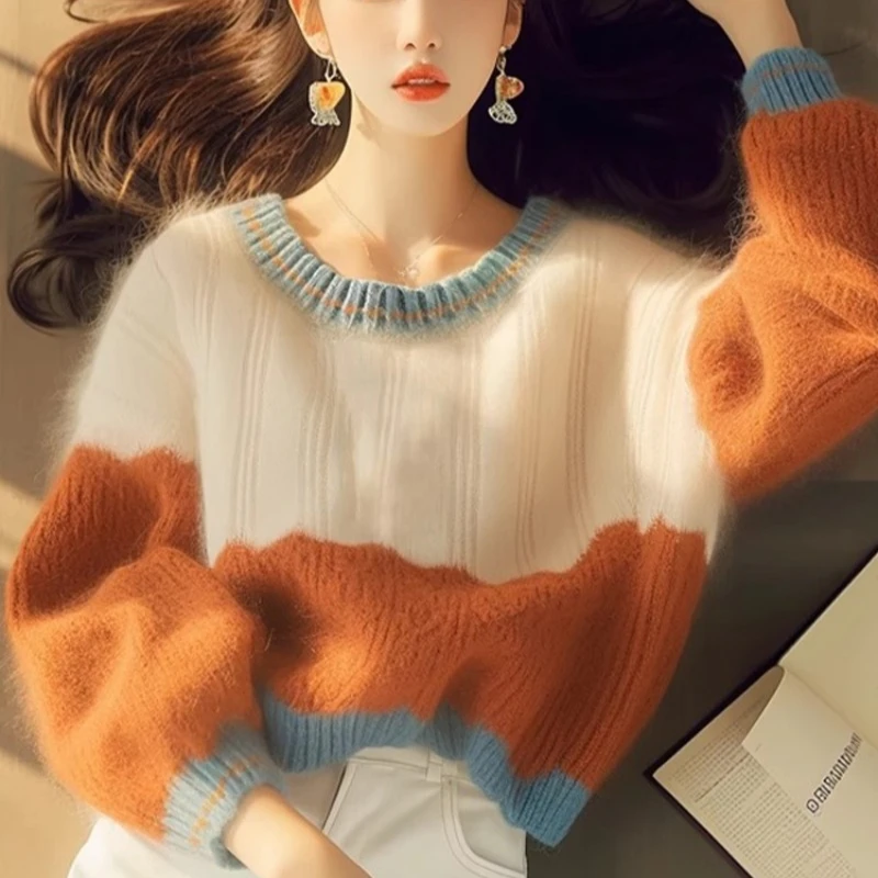 

Knitwear Women's Sweaters Korean Winter Clothing Fashion Loose Fall/winter Casual Jumpers Patchwork Long Sleeve Women Pullover