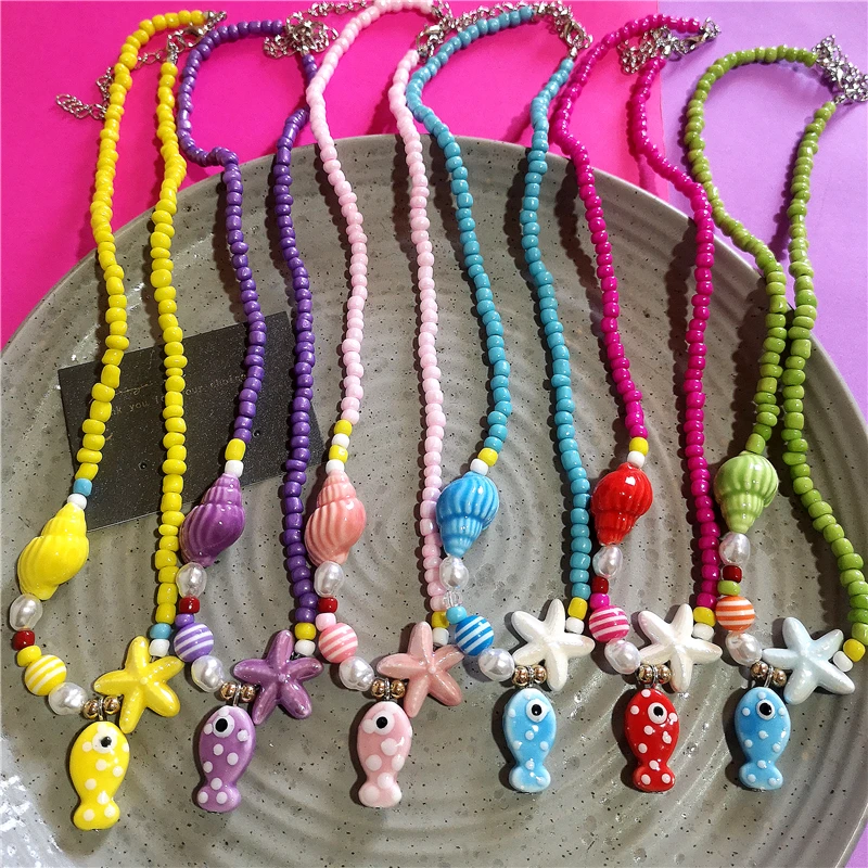 Neue Trend Nette Bunte Keramik Fisch Perlen Halskette Für Frauen Handgemachte Reis Perlen Halsband Strand Charme Ozean Schmuck Zubehör