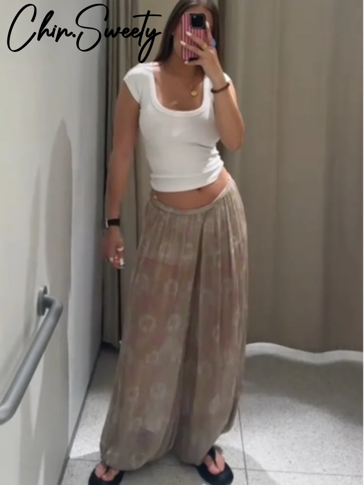 الرجعية فضفاضة طباعة السراويل النساء عادية عالية الخصر فانوس طويل الشارع الإناث السراويل 2025 الصيف الخريف انظر من خلال السراويل سيدة