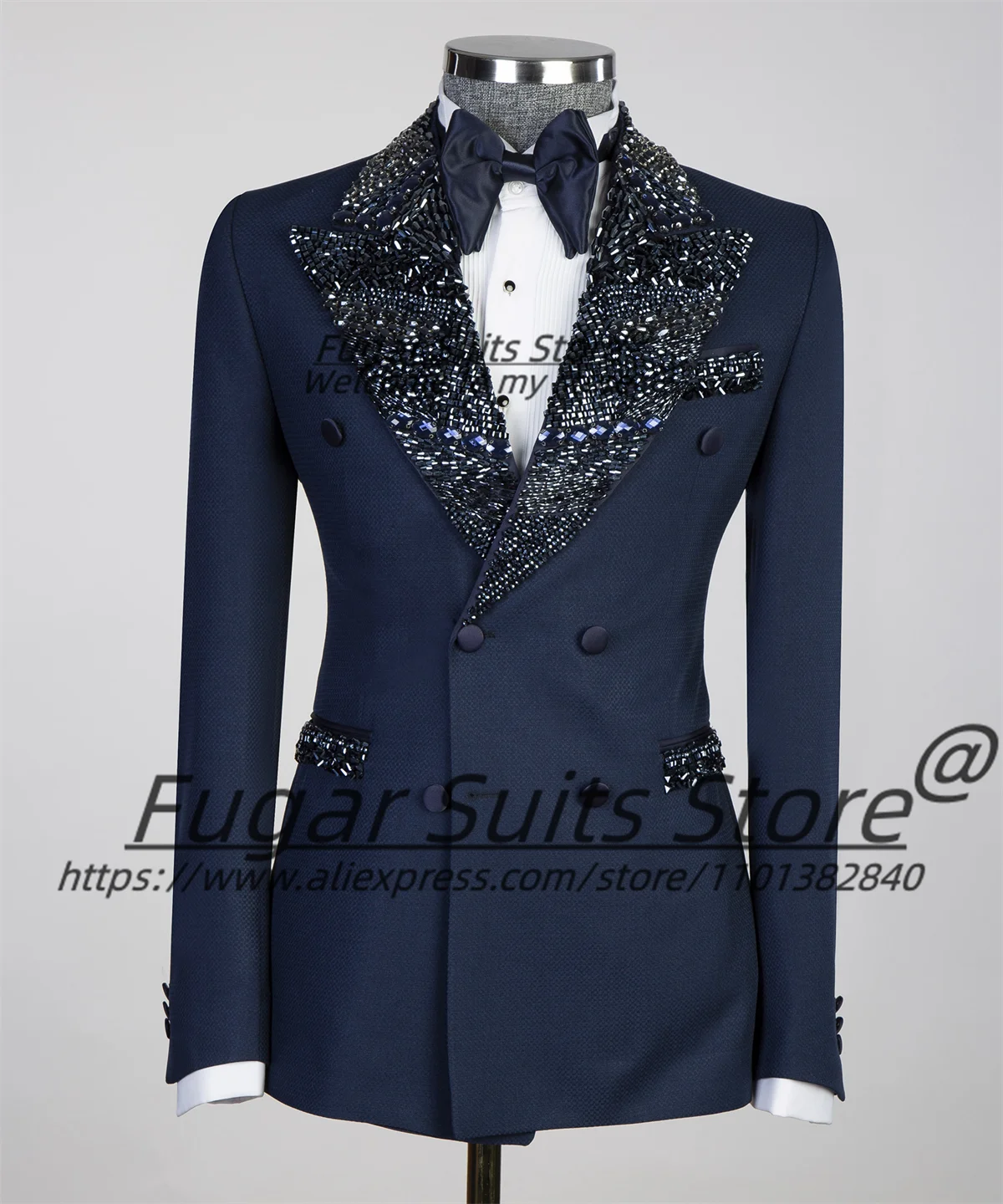 

Формальные темно-синие бусины Мужские костюмы Slim Fit Пик Лацкан Жених Свадебные смокинги Комплекты из 2 предметов Классические мужские пиджаки Красивый Ropa Hombre