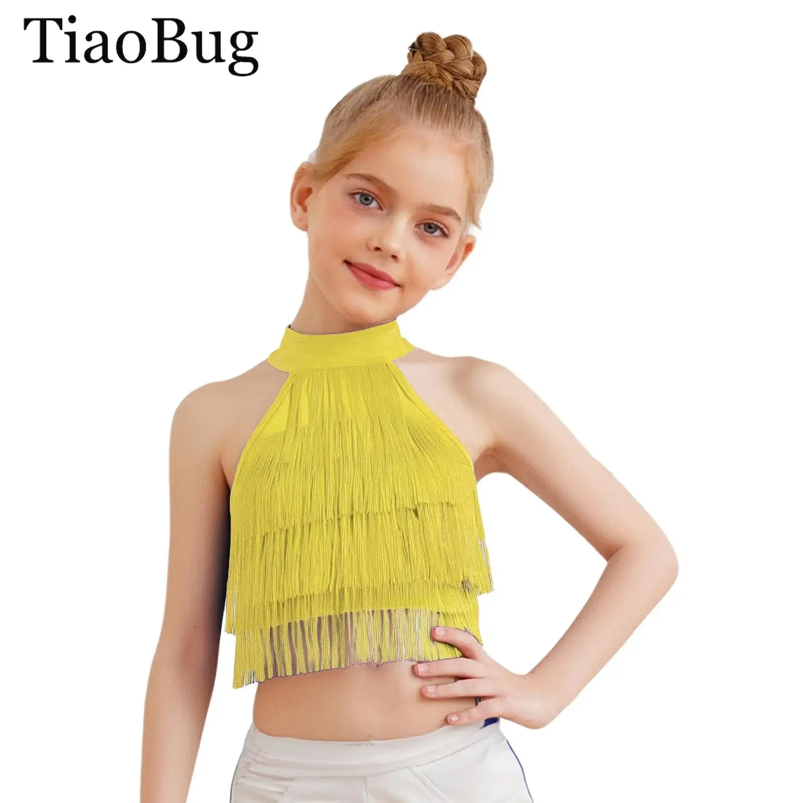 

Kids Girls Salsa Rumba Samba Performance Costume Latin Dance Crop Tops Sleeveless Strappy Back Tassels Vest Camisole Dancewear