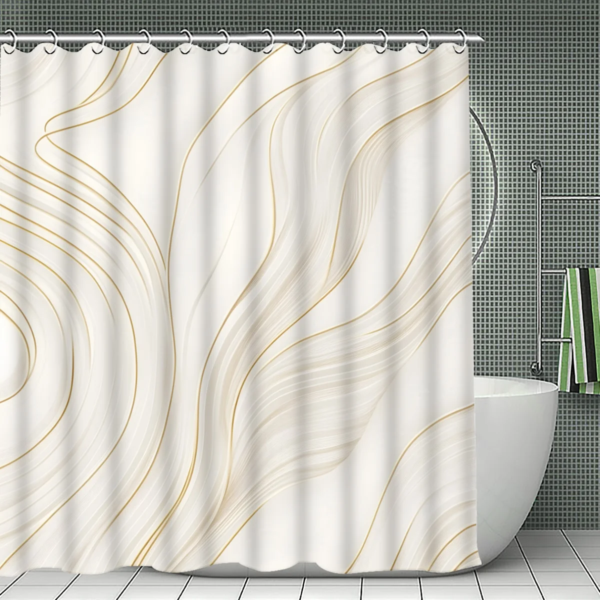 1 Stück goldfarbener Duschvorhang mit Wellenmuster, Badezimmerdekoration, verschiedene Größenoptionen (120 x 180 cm, 150 x 180 cm, 180 x 180 cm, 180 x 200 cm, 240 x
