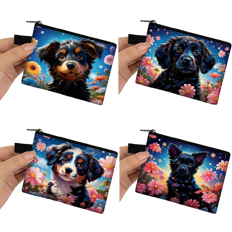 Flowers with a dog play Pattern Coin Purse Cute Black labrador Credit Card Holder Children Coin Money Bags Pouch Earphone Wallet