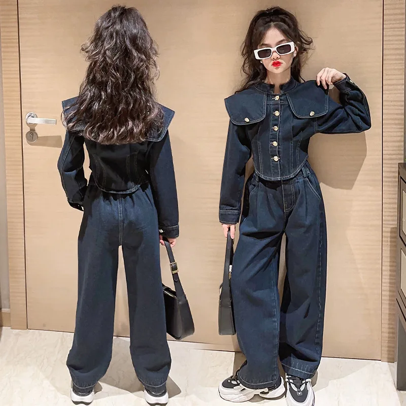 5-14 Year Children\'s Clothes Kids Spring Clothes Suit New Teenagers Girls Coat Cardigan Jeans Large Lapel Denim Two-Piece Set