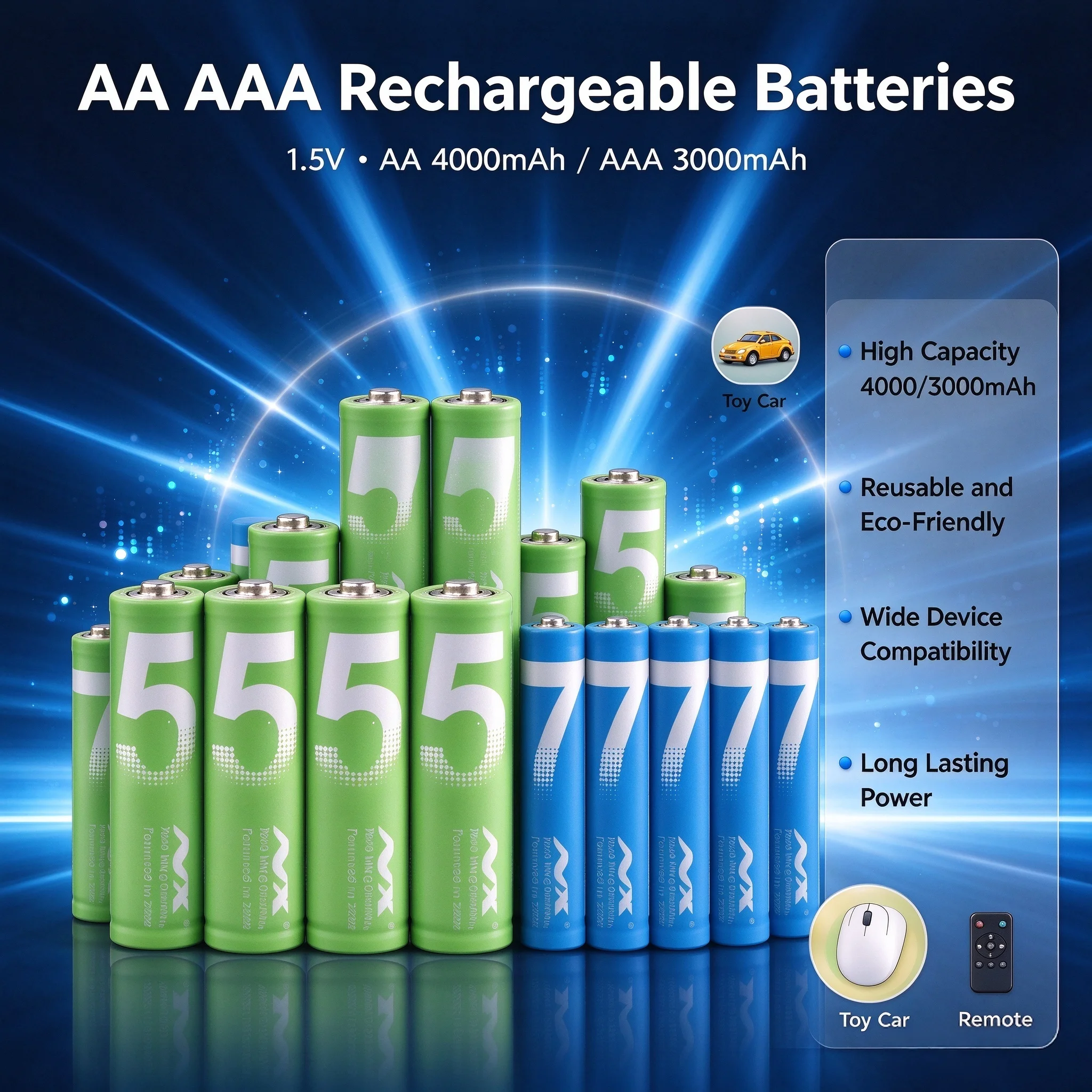 AA  AAA Rechargeable Batteries 1.5V, AA 4000mAh AAA 3000mAh NiMH Pack for Gamepad Toy Car Mouse Camera Remote, Long Lasting