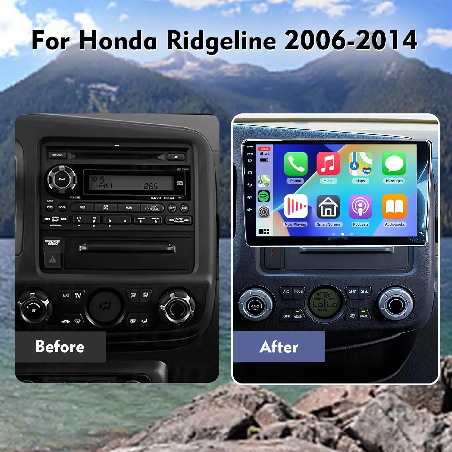 10.1-Inch Double Din Car Stereo for 2006-2014 Honda Ridgeline, Wireless Apple Carplay Android Auto, GPS Navigation Head Unit with DVR, Bluetooth, WiFi, RDS, Steering Wheel Control, Split Screen, Backup Camera, 4GB+64GB view 2