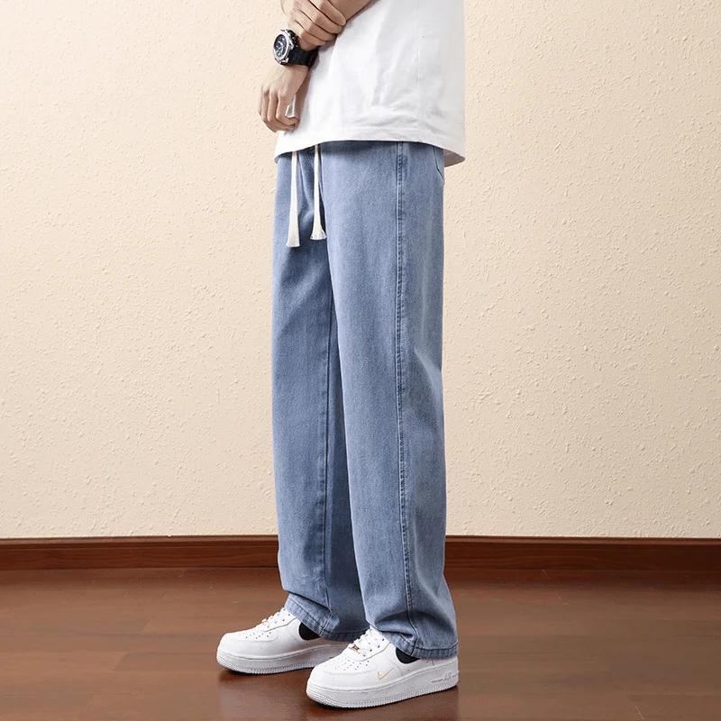 

Голубые мужские джинсы, прямые брюки, повседневные свободные длинные брюки, осень-зима, джинсовая одежда с завязками, весна-лето, модная молодежная одежда