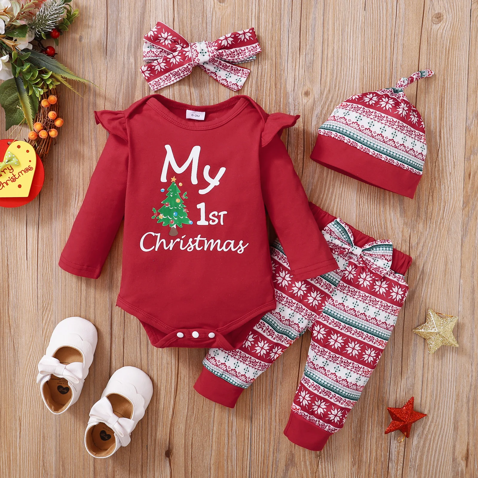 Newborn Baby Girl Christmas Set Christmas Elements Letter Bodysuit+Pants+Headband+Hat Suitable 0-18 Month Baby Girl Holiday Set