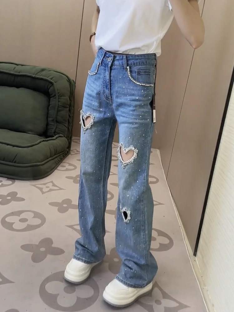 

Women's heavy industry nail bead hot stamping straight leg jeans 2025 summer new high waist slim love hole wide leg pants