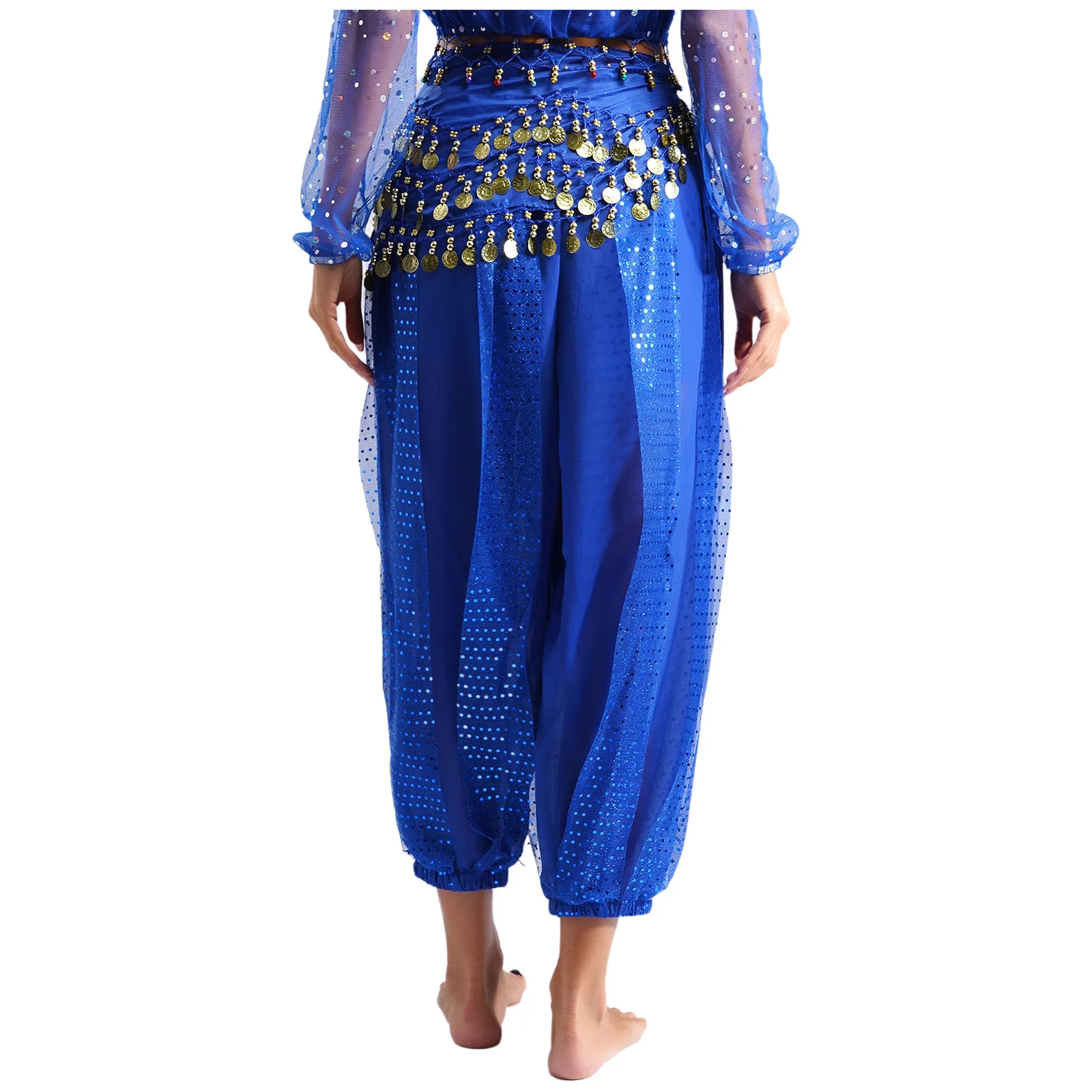 Womens Belly Dance Costume Sequined Layer Bloomers Harem Pants Trousers Lace-up Hip Scarf Bollywood Halloween Party Costume