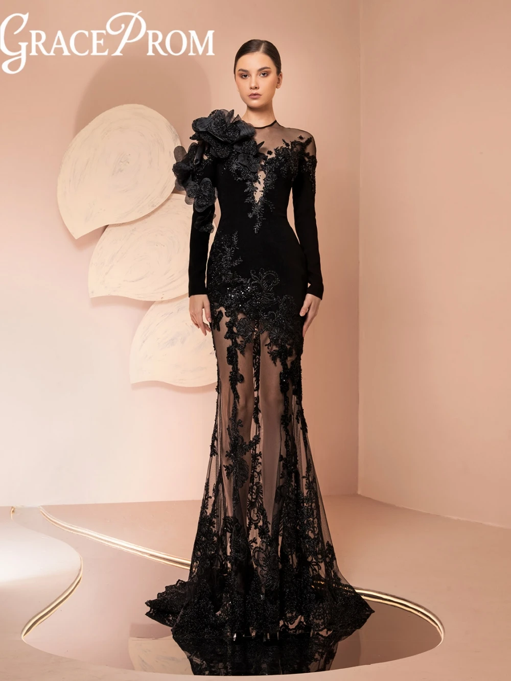 

Graceful Black Beaded Lace Mermaid Evening Dress With 3D Flower Illusion Long Sleeve Wedding Party Gown Customized Prom Dresses