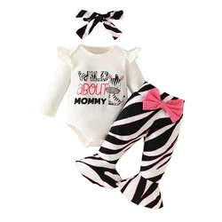 Baby Girls Clothes Long Sleeve Zebra Letter Printed Onesie Striped Bell Bottoms Headband 3Pcs Set Infant Outfit Suit 0-18 Months