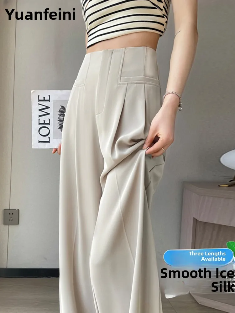 

Plus Size Ice Silk Wide Leg Pants High Waist Straight Cut Summer Thin Casual Trousers Women's Floor Length Pants Commute Sle