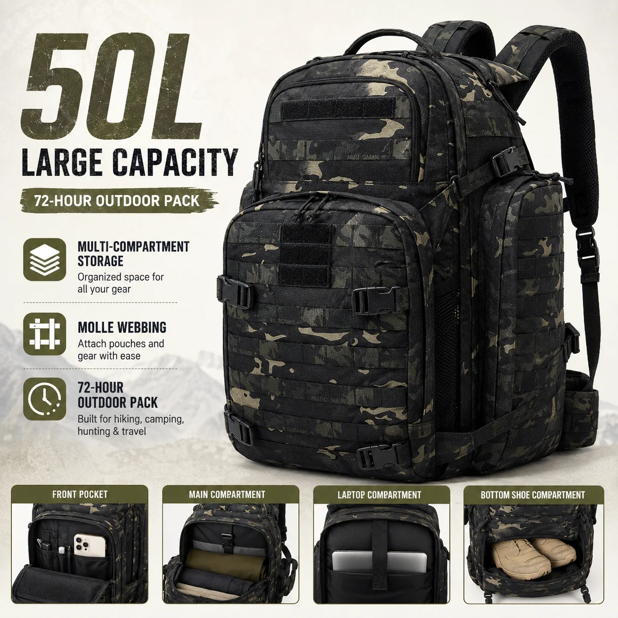 50L Tactical Backpack Military Style Camouflage Bag 900D Waterproof Outdoor Hiking Camping Backpack MOLLE System Travel Pack