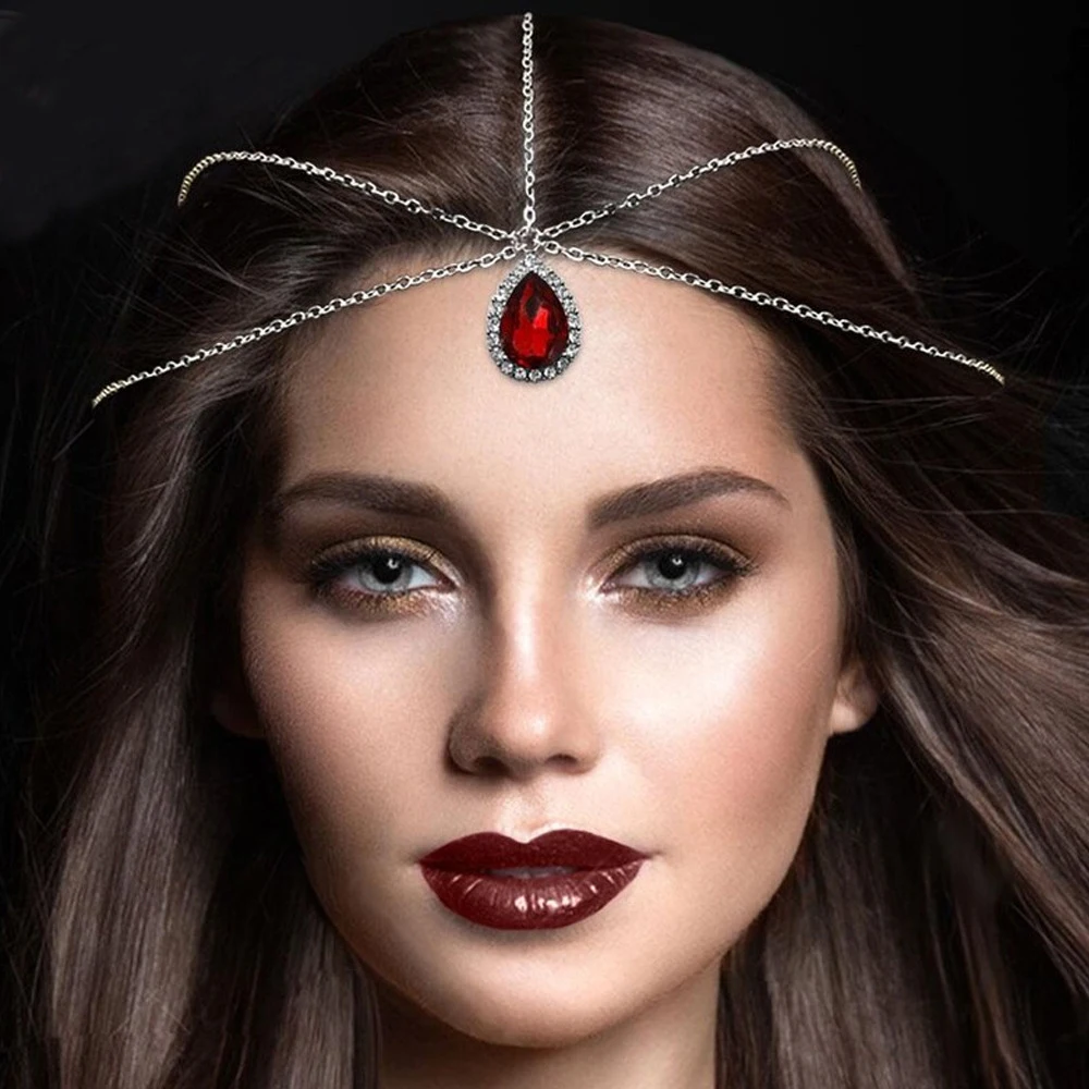 الهندي الزفاف متعدد الطبقات الجبين خوذة حفلة موسيقية إكسسوارات الشعر موضة قطرة الماء الأحمر المعادن رئيس سلسلة مجوهرات للنساء هدية