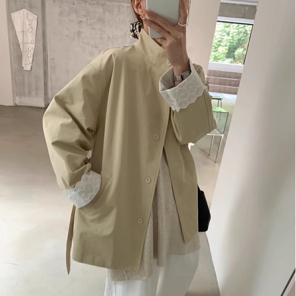 

Black Female Trench Coat Winter Irregular Windbreaks Joint A-Line Korea Environmentalerial Pleats Airy Strap O-Neck Single-Layer