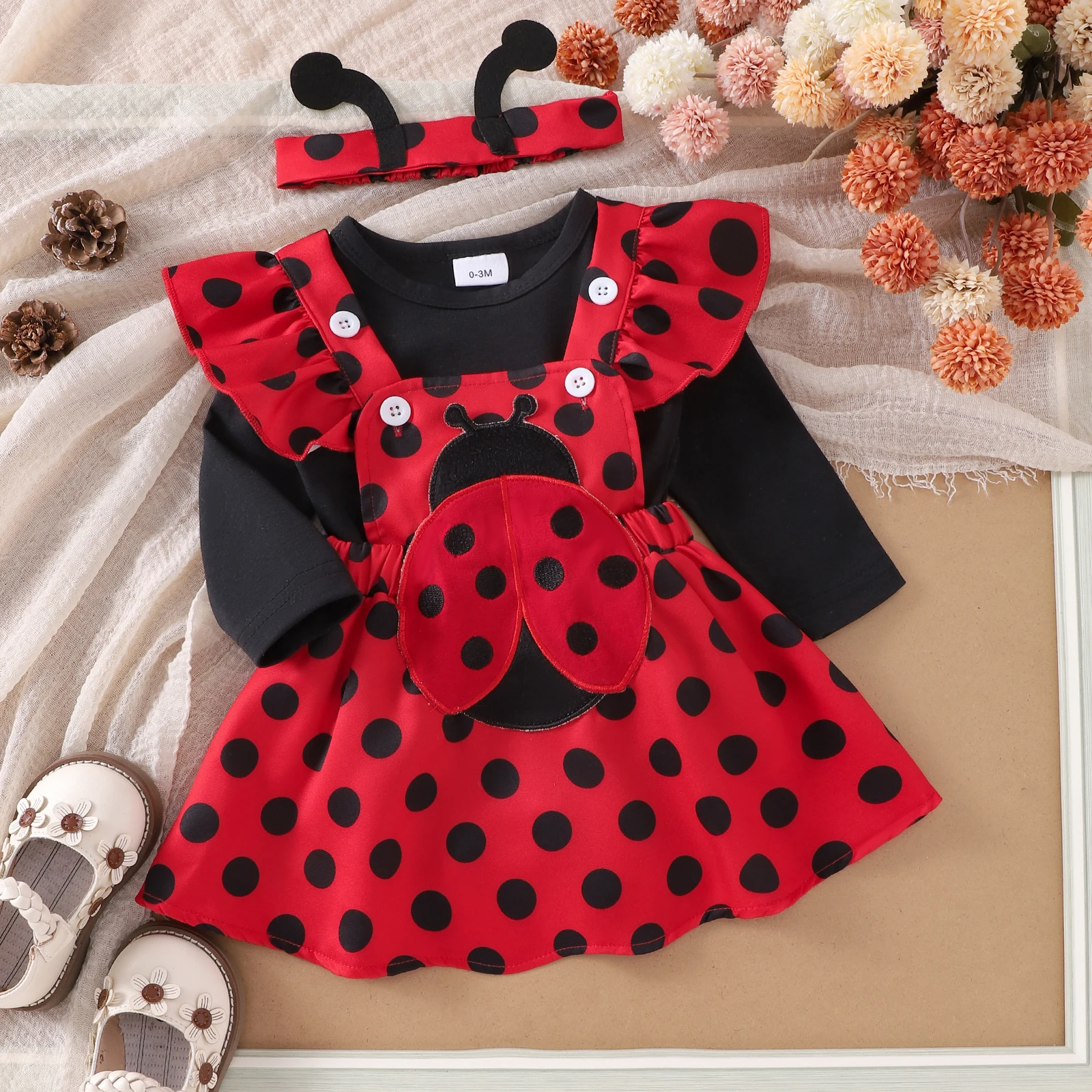 0-18M Baby Girls Autumn 3Piece Outfit Cute Cartoon Sets Flying Sleeve Romper + Bee/Beetle Embroidery Suspender Dress + Headband