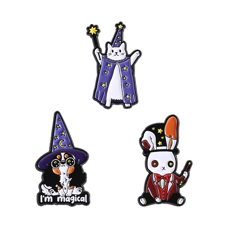 

Cartoon Magician Animal Enamel Pins Custom I'm Magical Wizard Magic Hat Rabbit Cat Dog Brooch Lapel Badge Punk Jewelry Accessory