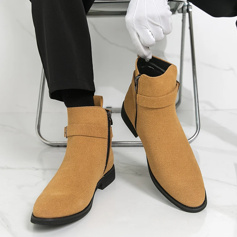 

Men High Top Boots Faux Suede Solid Color Low Heel Bare Boots Comfortable Breathable Classic Business Men Boots Size 38-47