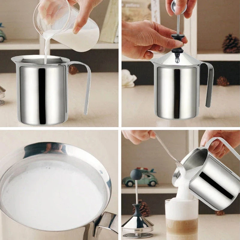 Espumador de Leche de Acero Inoxidable de 400ML, Batidor de Leche de Doble Malla, Espumador de Crema, Mezclador de Bebidas para Café y Cappuccino, Batidor de Huevos para Cocina