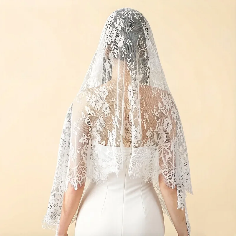 Women Floral Lace Hooded Shawl, Vintage Bridal Lace Cape, Multi‑purpose Wedding Head Scarf for Bride Ceremony Outfit