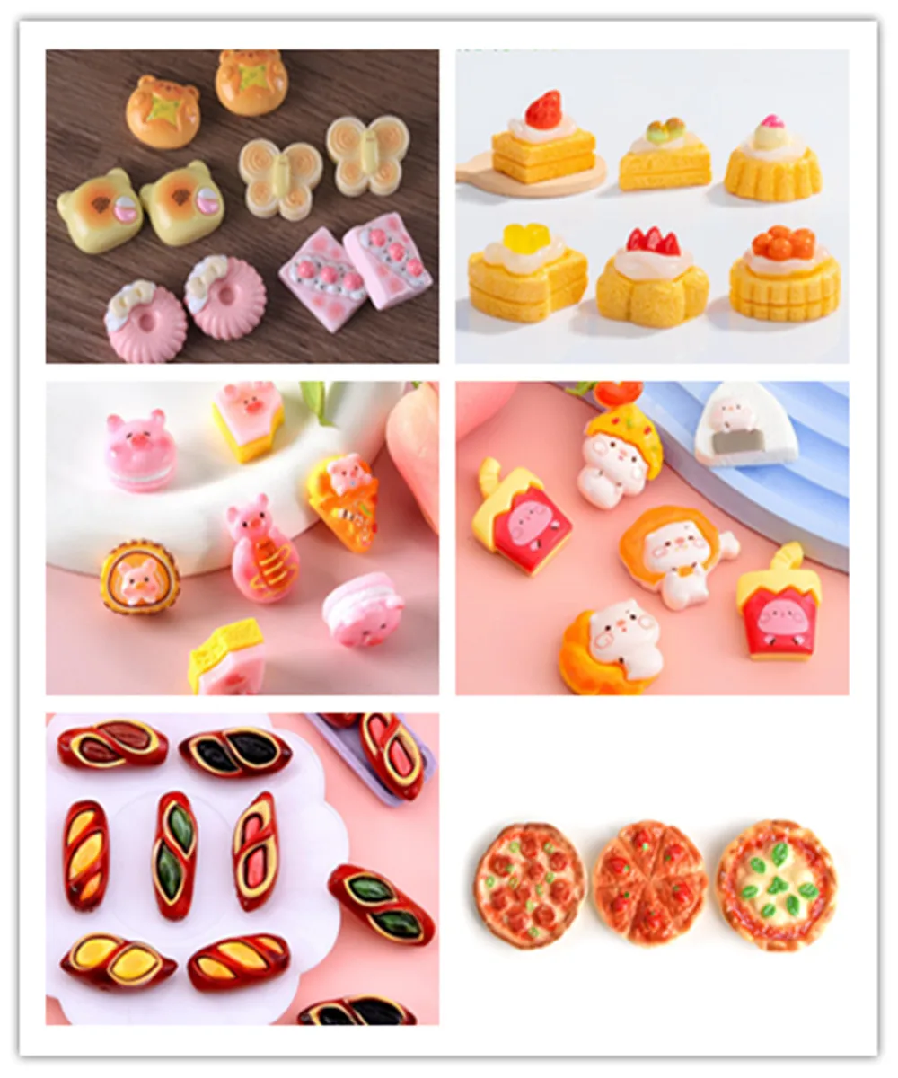 Kawaii Resin Cartoon Simulation Bread Cake Pizza Flatback Cabochons For DIY Scrapbooking Doll House kitchen Decor Accessories