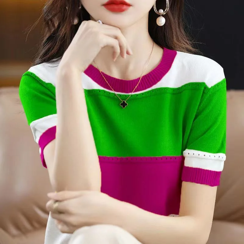 2024 Summer New Ice Silk T-shirt Short-sleeved Stripes Top Women\'s Round Neck Color Matching Hollow Loose Thin Knitted Sweater