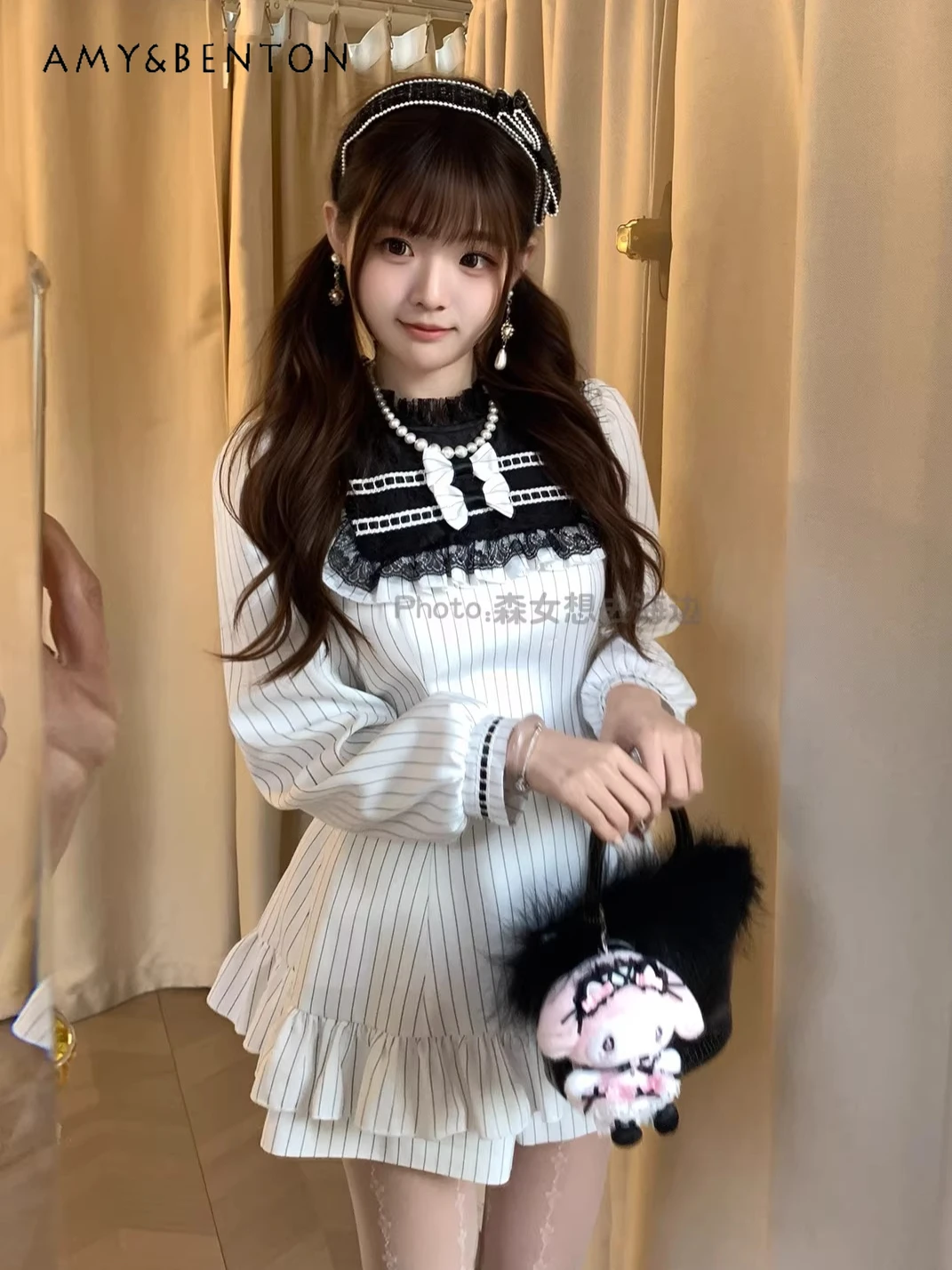 

Sweet Princess Elegant Striped Dress Cute Bow Patchwork Color Round Neck Long Sleeve Slim Puff Dress Women Fairy Style Dresses