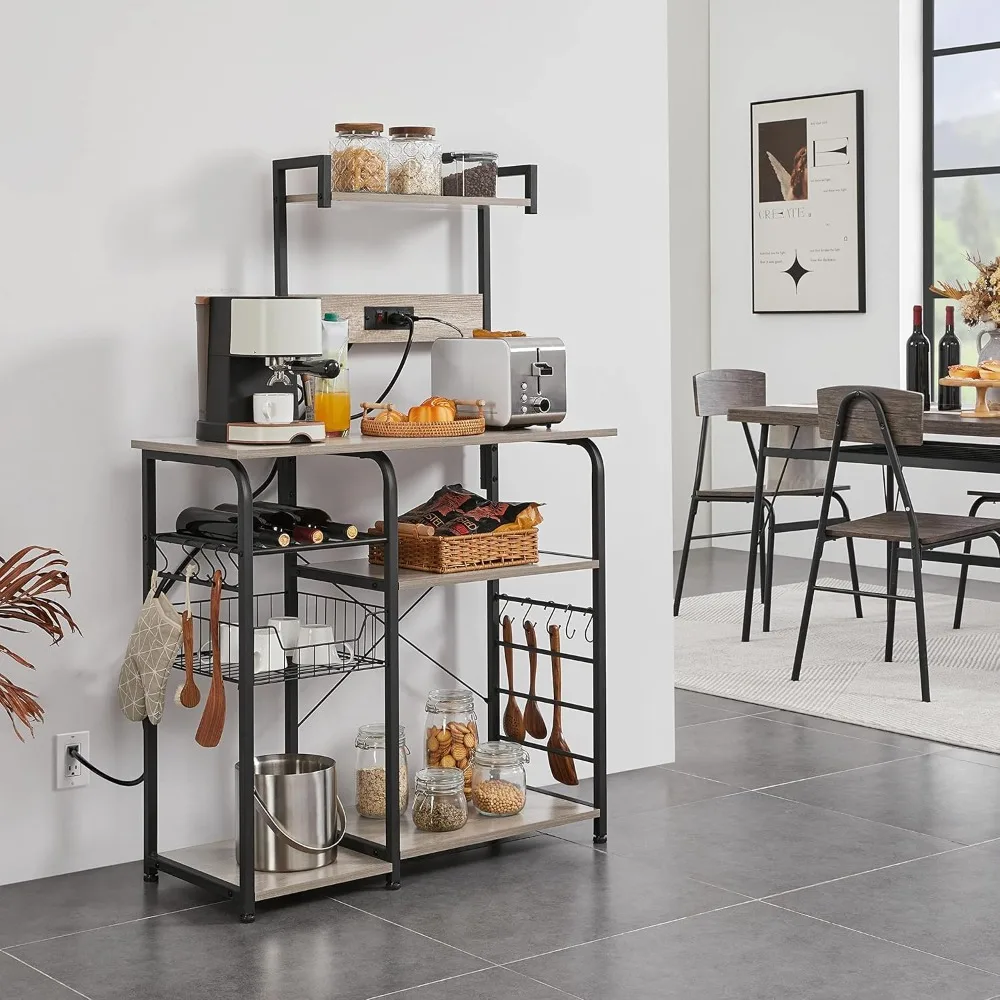 

Тумба-стеллаж для пекаря с розеткой, 4-уровневая подставка для микроволновой печи, кофейный бар с проволочной корзиной и местом для хранения вина, на заказ